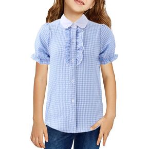 Girls Short Sleeve Button Down Shirts Ruffle School Uniform Crop Tops Peter Pan Collar Plaid Blouse 4-13Y
