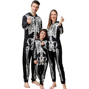 ANGELGGH Family Matching Halloween Onesie Pajamas, Funny Skeleton Hooded Zipper PJs Holiday Loungewear for Men/Women