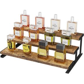 Lifewit 4-Tier Wooden Dispaly Riser with Metal Stand, 13.9 Inch Step Cologne Stand, Perfume Organizer, Display Shelf for Fragrance, Skincare, Figurine, Spice, Tabletop, Cabinet, 1 Set, Rustic Brown