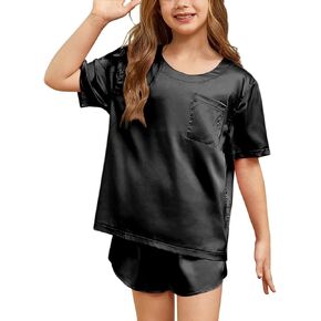 QPANCY Silk Pajamas for Girls 2 Piece Short Sleeve Loungewear Kids Satin Pajamas Sets