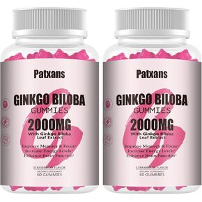 2 حزم 2000mg Ginkgo Biloba Gummies - Ginkgo Biloba مكملات لدعم صحة الدماغ ، تحسين المزاج والتركيز ، الطاقة ، الكبار ، Vegen ، Non GMO ، نكهة الفراولة ، 120 عدد