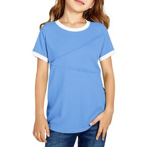 Girls Short Sleeve T Shirts Kids Fashion Pleated Color Block Tops Casual Crewneck Tees 5-14 Years