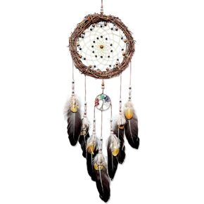 Tree of Life Dream Catcher, Handmade Woven Traditional Craft Rattan Dream Catchers Wall Hanging Ornament,7 Chakras Crystal Healing Stones Art for Bedroom Decor, Festival Blessing Gift (Dark Brown)