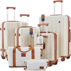 imiomo Luggage Sets 4 Piece Expandable Carry on Suitcase, Hardside with USB Port Cup Holder, Travel Spinner with Wheels TSA Lock, Beige Brown