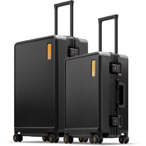LEVEL8 20/24 Inch Zipperless 2 Piece Luggage Sets with Aluminum Frame, Lightweight Hard Shell Suitcases with Spinner Wheels, Metal Travel Luggages with Double TSA Locks, Black