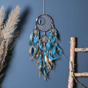 Dream Catchers 5-Layer Design with Blue Feather & Turquoise Beads, Wall Hanging Decor Wall Art, Boho Home Decoration Non-Toxic 58" Statement Piece for Girls Boys Adults