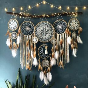 5 Pack Moon Phase Dreamcatcher Set Boho Wall Decor ، Boho Macrame Wall Hanging Dream Catchers ، للمنزل ، غرفة النوم ، غرفة المعيشة ، الهدايا الساحرة (الإبل)