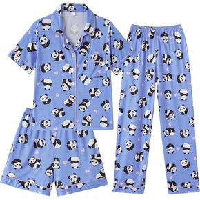 Girls Pajamas Short Sleeve Long Pants and Shorts 3 Piece Sleepwear Button Down Outfit with Pockets Loung Sets