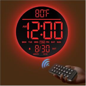 JALL 10" Large Digital Wall Clock, with Remote Control, Timmer, Dimmer, LED Display, 8 RGB Color, Auto DST, Temperature, Deco for Bedroom, Living Room, Office, Classroom, Birthday Gift,Xmas Gift, Blue