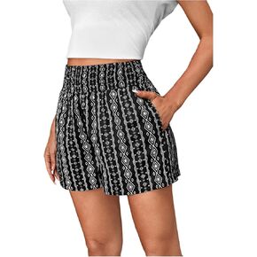 OYOANGLE Women's Boho Tribal Print Shirred High Waist Shorts Beach Vacation Wide Leg Shorts