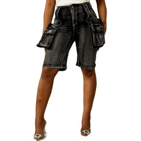 Vaceky Denim Shorts Women Stretchy Knee Length Cargo Shorts with Pockets