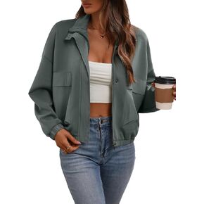 Women's Cropped Oversized Safari Jackets Zip Up Stand Collar Neck Long Sleeve Utility Anorak jacket with Pocket