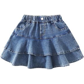 5-13Y Girls' Elastic Denim Skort | Mini Flared Pleated | Built-in Shorts for Easy On/Off