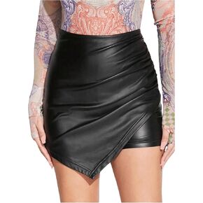 Milumia Girl's Ruched Faux Leather Skirt Asymmetrical Hem Skinny Mini Skorts