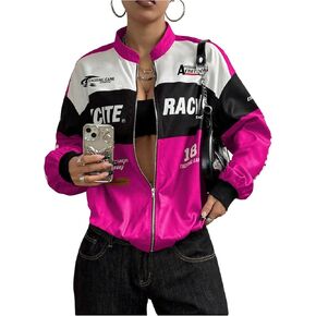 SOLY HUX Women's Bomber Jacket Long Sleeve Zip Up Racing Jackets Color Block Y2k Outerwear Vintage Streetwear