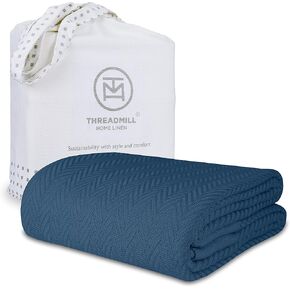 بطانيات القطن الفاخرة Threadmill لسرير الحجم المزدوج | كل موسم 100 ٪ بطانية التوأم القطنية للسرير | HerringBone Soft & Dern Fall Thermal بطانية ، 350GSM ، 68 × 92 بوصة | Folkstone Blue