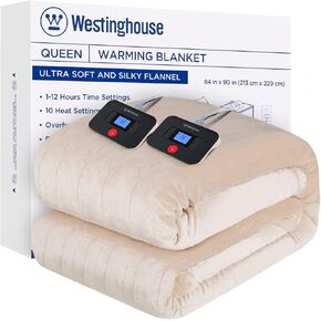 Westinghouse Electric Blanting Size ، Super Dozy Soft Flannel 84 "× 90" بطانية ساخنة مع 10 مستويات تسخين سريعة و 1-12 Auto-Off ، قابلة للغسل في الآلة ، ETL & FCC ، Beige