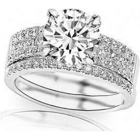 Houston Diamond District - 1.25 Carat LAB GROWN IGI CERTIFIED DIAMOND Three Row Prong And Middle Row Channel Set Round Diamonds Engagement Ring and Wedding Band Set