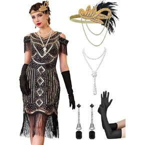 Great Gatsby Dresses 1920s for Women, Vintage Long Fringe Dress Roaring 20s Sequins Beaded Dress with Accessories Set