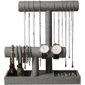 Coward 2 Tier Necklace Bracelet Organizer مع صينية رنين ، معرض مجوهرات الكتان موقف لمشاهدة أحمر الشفاه Scrunchie ، العطور ، طلاء الأظافر (الكتان الرمادي)