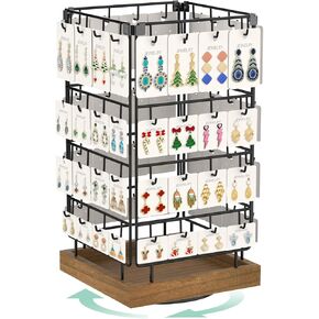 EsLuker.ly Rotating Earring Display Holder Stand for Vendors Events Selling, Large Capacity 64 Hooks Jewelry Rack with Wooden Base for Earring Card Sales, Enhances Retail Visibility