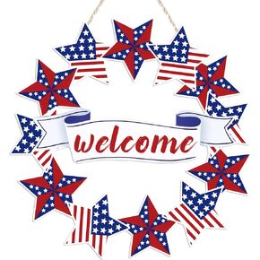 4th of July Welcome Sign Fourth of July Decorations Wooden Patriotic Star Wreath for Front Door Memorial Day for Porch Wall Indoor Home Decor