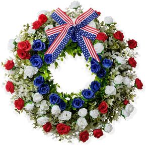 4th of July Patriotic Wreath for Front Door – 21" Handcrafted Red, White & Blue Flower Wreath Decoration for Independence Day, Memorial Day, Veterans Day, and Home Outdoor Front Porch Decor
