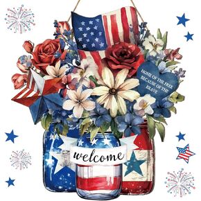 Marsui Patriotic Door Sign 4th of July Wreaths for Front Door Hanger Wooden Independence Day Decoration Vintage Red White Blue American Flag Welcome Wood Hanging Sign for Wall Window Bathroom Decor