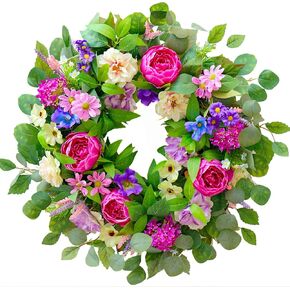 24 inch Spring Summer Wreath for Front Door, Artificial Floral Wreaths with Green Leaves Daisy Peony hydrangea Eucalyptus for Porch Patio Garden Indoor Outdoor door Wall Decor Party Holiday Decoration