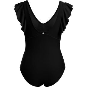 IKADEX Women Cutout One Piece Swimsuit Ruffle Cross V-Neck Backless Tummy Control Vintage Swimwear