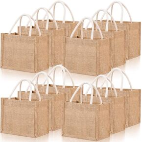 Cunno 12 Pcs Burlap Tote Bag Mini Jute Reusable Bag with Handles Small Blank Canvas Gift Waterproof for Wedding Beach DIY