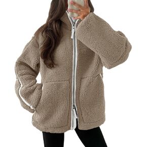 Tankaneo Womens Oversized Sherpa Fleece Jacket Zip Up Teddy Coat Winter Warm Stand Collar Fuzzy Outerwear