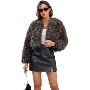 Womens Faux Fur Cropped Coats Long Sleeve Open Front Cardigan Top Fluffy Warm Outwear with Pocket