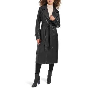 Kenneth Cole Women's Faux Leather Belted Duster with Whip Stitch Detail & Notched Collar