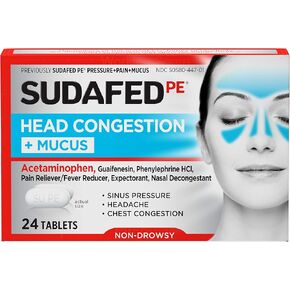 Sudafed PE Head Congestion + Mucus Tablets for Sinus Pressure, Pain & Congestion, 24 ct