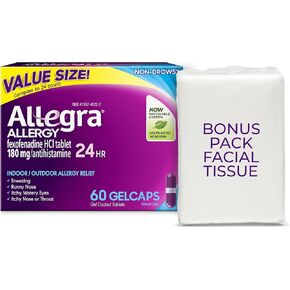 Allegra Adult 24-Hour Allergy Relief Gelcaps with Bonus Tissue Pack, Non-Drowsy Indoor and Outdoor Allergy Medicine, 180 mg Fexofenadine HCI Antihistamine Pill, 60-Count