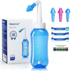 MAOEVER Neti Pot Sinus Rinse Bottle Nose Wash Cleaner Pressure Rinse Nasal Irrigation for Adult & Kid BPA Free 300 ML with 30 Nasal Wash Salt Packets and Sticker Thermometer(Blue)