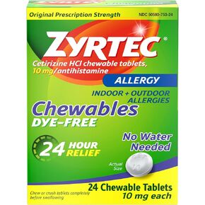 Zyrtec 24 Hour Allergy Relief Chewable Tablets with 10 mg Cetirizine Hydrochloride Antihistamine, Allergy Medicine for Symptoms Such as Runny Nose & Itchy, Watery Eyes, Dye-Free, 24 ct