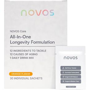 مزيج طول طول العمر Novos Core ، مكملات مضادة للشيخوخة ، نكهة برتقالية مسحوق الشراب - دعم الجلد ، والطاقة ، ودعم الحالة المزاجية ، ودعم النوم والإدراك - 30 حصصًا