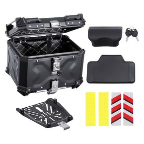 VEVOR Motorcycle Top Case, Universal Aluminum Alloy Motorbike Tail Box with Leather Lining, 55L Waterproof Detachable Motorcycle Top Box with Lock & Back Cushion, Fit for 99% of Motorcycle Frames