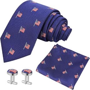 American Flag Tie US Flag Tie Set with Handkerchief Pocket Square Cufflinks, Mens Necktie for Party Events Festival Wedding