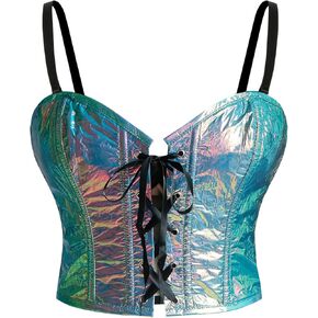 Charmian Women's Y2K Shiny Faux Cowwhide Iridescent Rave Bustier Corset Top