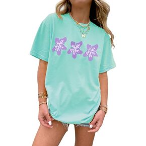 Oversized Graphic Shirt for Teens Girl Y2K Ocean Floral Short Sleeve Baggy Tee Shirts Vintage Aesthetic Coastal Tops