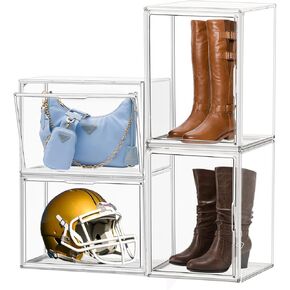 4 Pack XXX-Large Clear Organizers for Closets Acrylic Display Case Clear Shoes Storage Box Stackable Handbag Storage Organizers Helmet Display Cabinet Storage Bins with Magnetic Lid