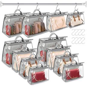 12 Pack Dust Bags for Handbags, 4 Sizes Gray Purse Storage Organizer with Zipper and Hook, Dustproof & Moistureproof Handbag Protector for Closet