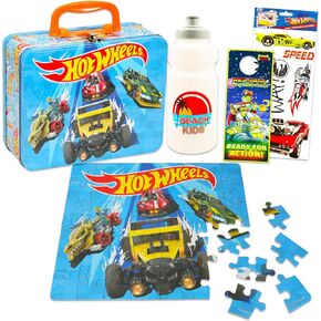 Hot Wheels Tin Lunch Box Puzzle Set - Bundle of Race Car Lunchbox with 48 Piece Puzzle, Water Bottle, Stickers, More | Hot Wheels School Supplies