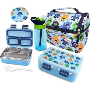 KINSHO الفولاذ المقاوم للصدأ BENTO BOX للأولاد الصغار ، حقيبة الغداء المعزولة وزجاجة ماء مصممة للأطفال الصغار. حاوية الوجبات الخفيفة للأطفال الصغار ، والرعاية النهارية للأطفال أو وجبات الغداء قبل المدرسة ، والشاحنات الصفراء الزرقاء