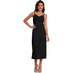 H HIAMIGOS Full Slip For Women Under Dress Lace Satin Silk V Neck Adjustable Spaghetti Strap Straight