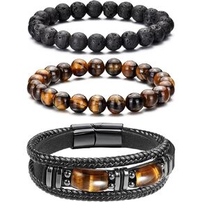 Mens Bracelet Set Black Leather Bracelets for Men Tiger Eye Bracelet 8mm Lava Rock Beaded Bracelets Adjustable Stretch