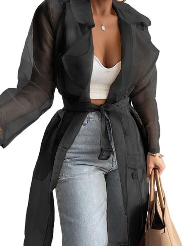CHICME Women Longline Trench Coat Sheer Mesh Sleeve Buttoned CoatTransparent Jacket Coat with Belt in Kuwait
